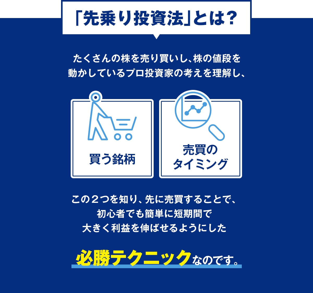 買う銘柄、売買のタイミングを知り、先に買うことで利益を伸ばす必勝テクニックです